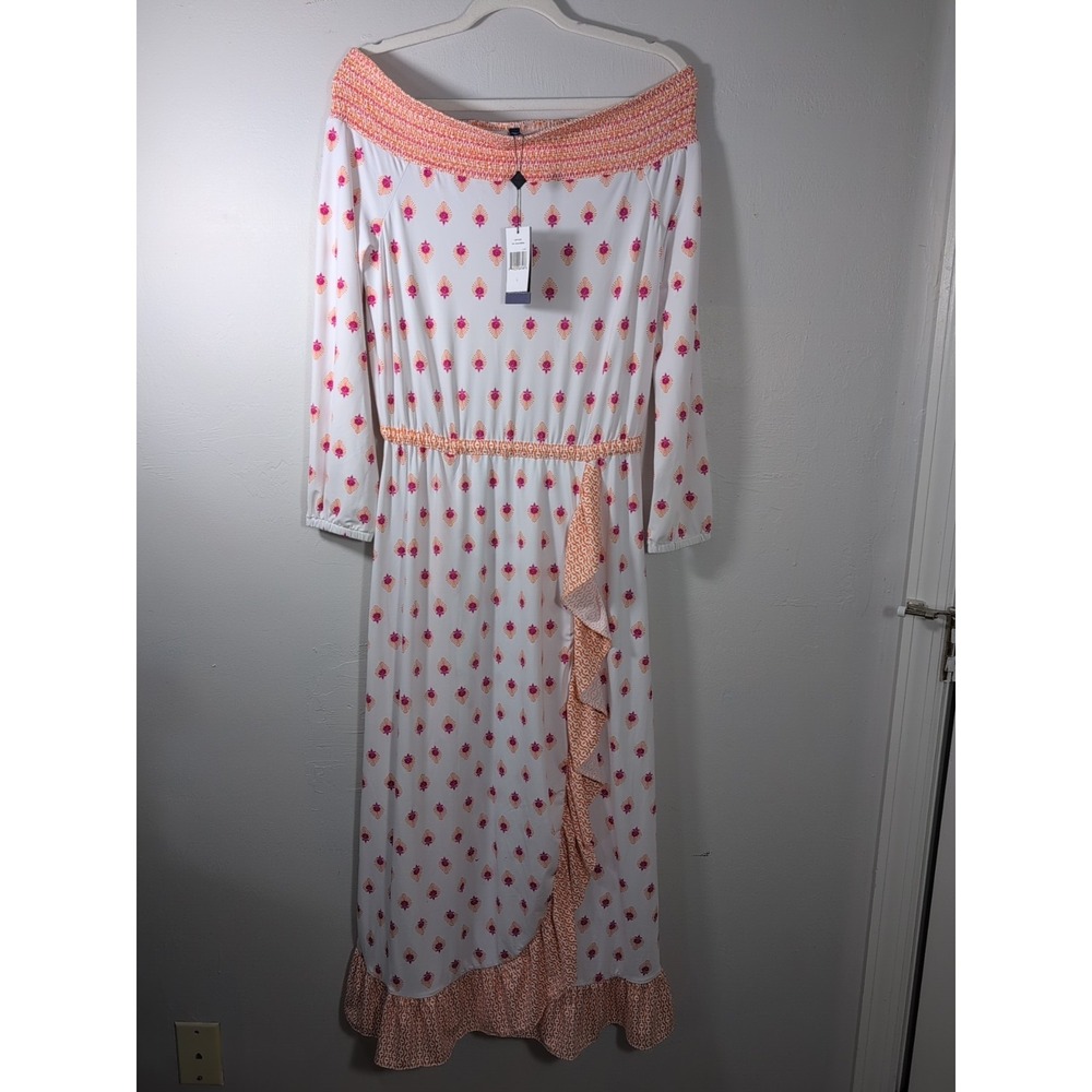 Cabana Life Dress Maxi Faux Wrap L Off Shoulder Smocked Ruffle UPF 50 New